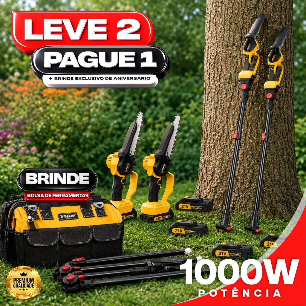 Motosserra Elétrica Com 4 Baterias 21v Bivolt + BRINDE Bolsa de Ferramentas Multiuso - COMPRE 1 LEVE 2