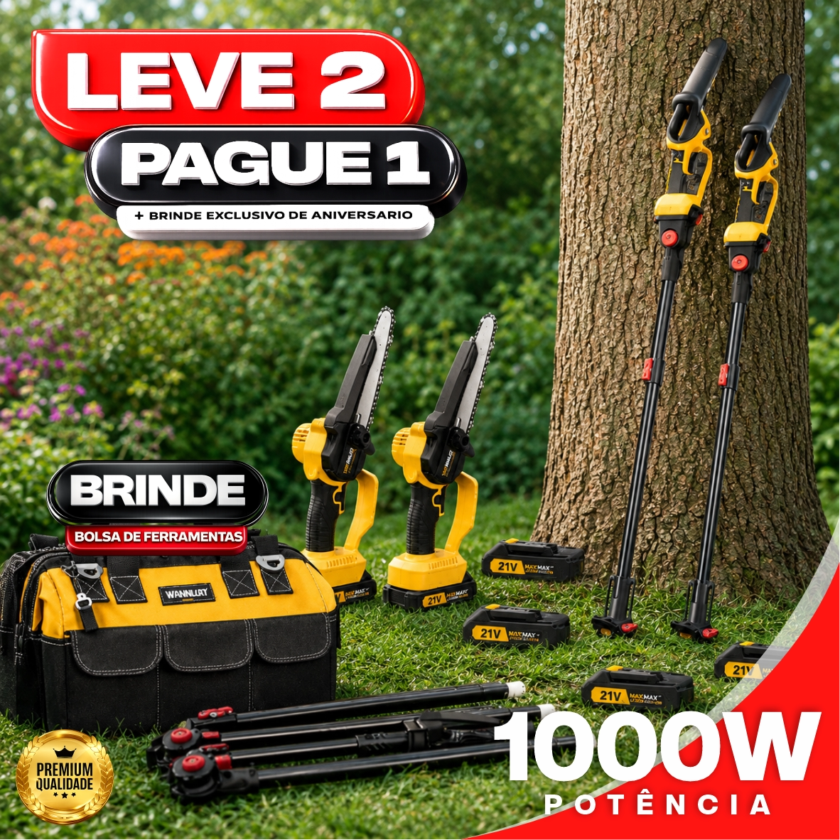 Motosserra Elétrica Com 4 Baterias 21v Bivolt + BRINDE Bolsa de Ferramentas Multiuso - COMPRE 1 LEVE 2
