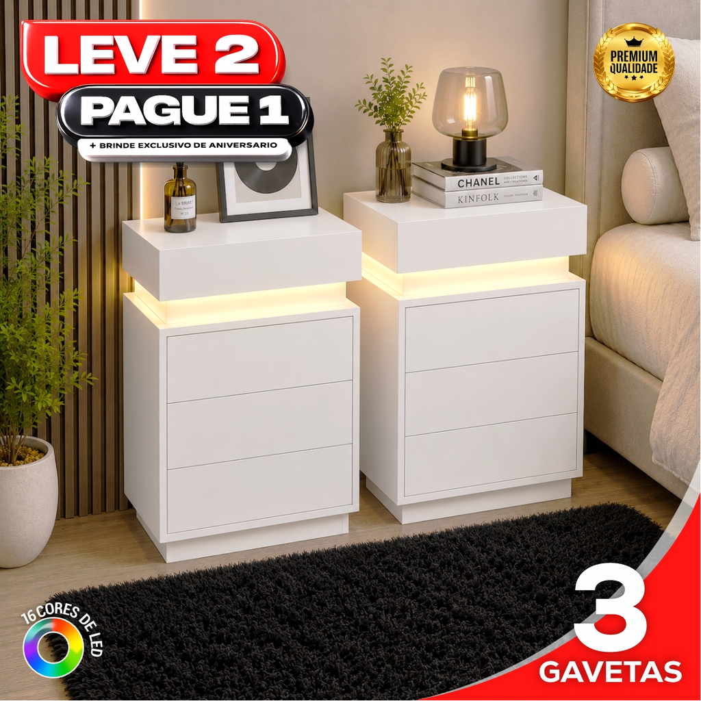 Gaveteiro Inteligente Led Multifuncional c/ Carregador + BRINDE: Tapete Peluciado de 122x183cm - COMPRE 1 LEVE 2