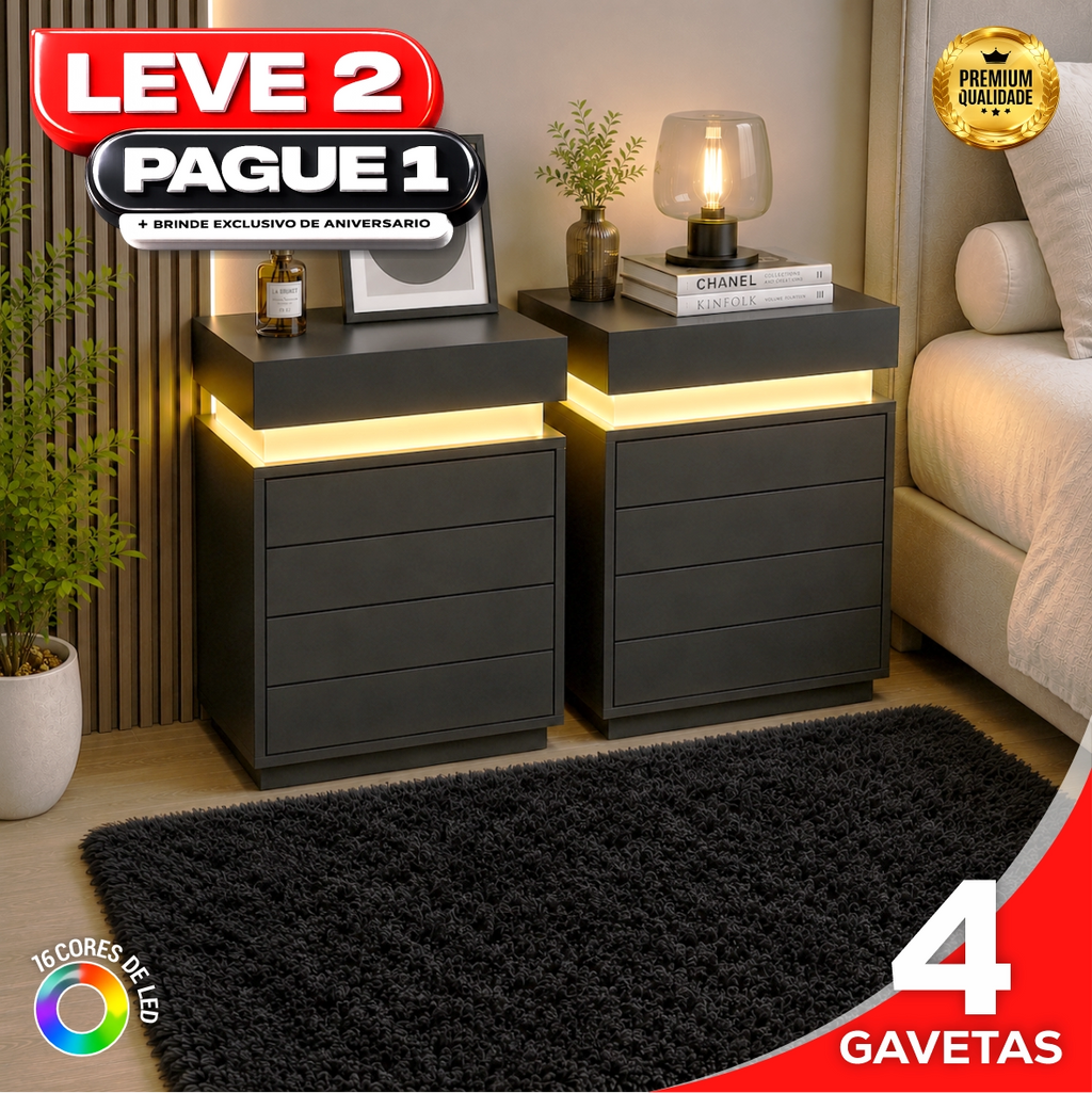 Gaveteiro Inteligente Led Multifuncional c/ Carregador + BRINDE: Tapete Peluciado de 122x183cm - COMPRE 1 LEVE 2