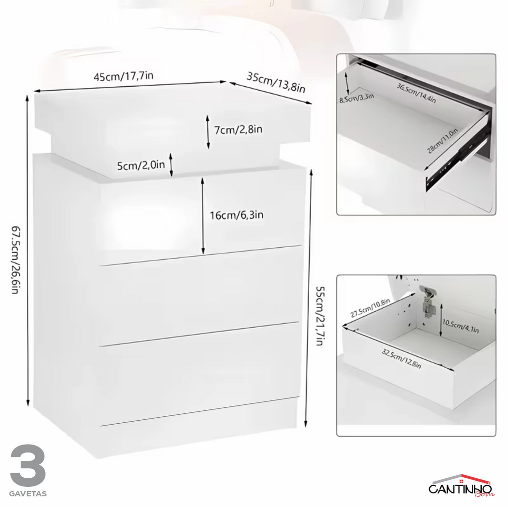 Gaveteiro Inteligente Led Multifuncional c/ Carregador + BRINDE: Tapete Peluciado de 122x183cm - COMPRE 1 LEVE 2